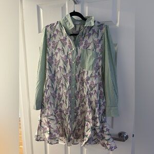 Striped-Sleeve Floral Mini Shirt Dress in Purple & Green